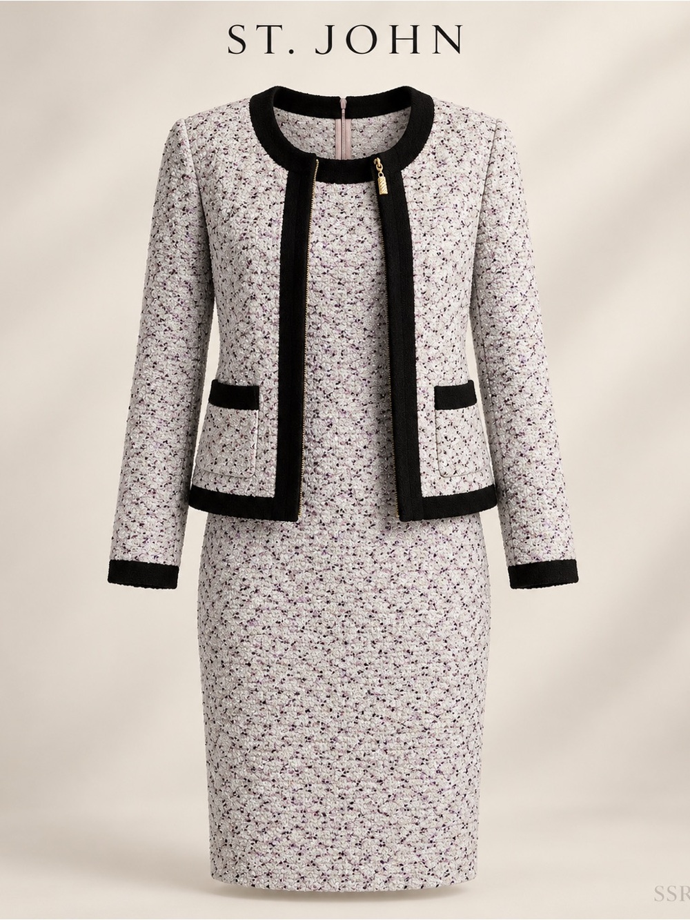 St. John Collection 2 Pc Dress Jacket Set Sz 6 Ivory Black Lavender Boucle Knit